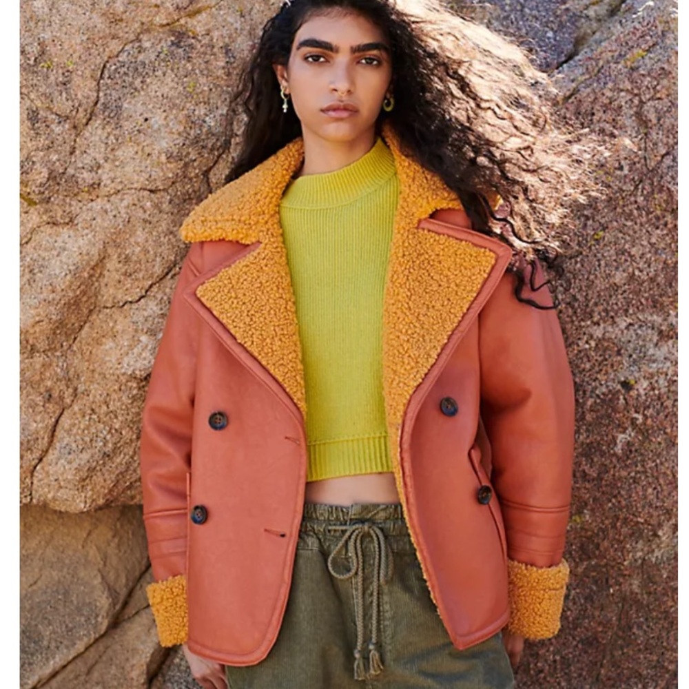 NEW Free People Kaja Vegan Bonded Leather Shearling Fur Peacoat $148 MSRP Medium - Picture 3 of 9